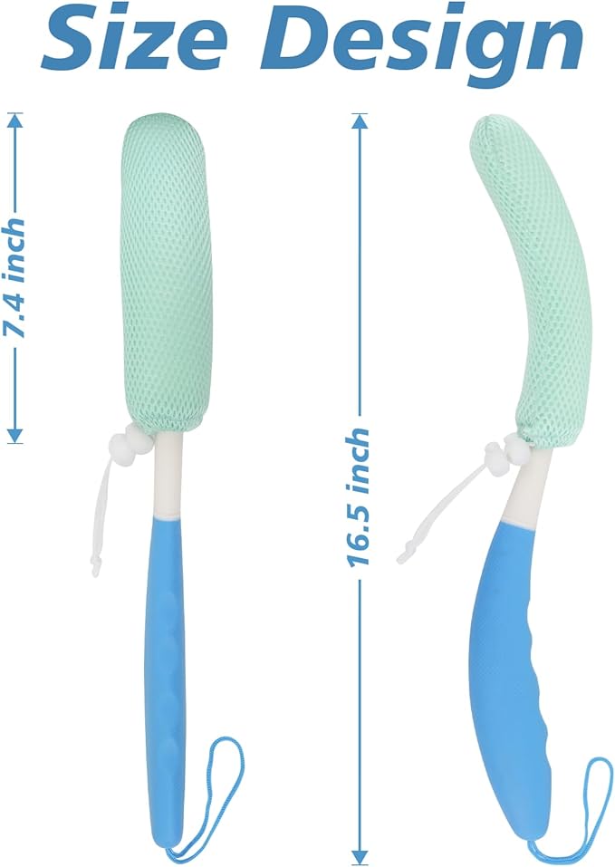 15.35" Back Bath Brush with Sponge,Back Scrubber Bath Mesh with Anti-Slip Curved Long Handle Bath Body Brush for Elderly Aid Bathing and Shower