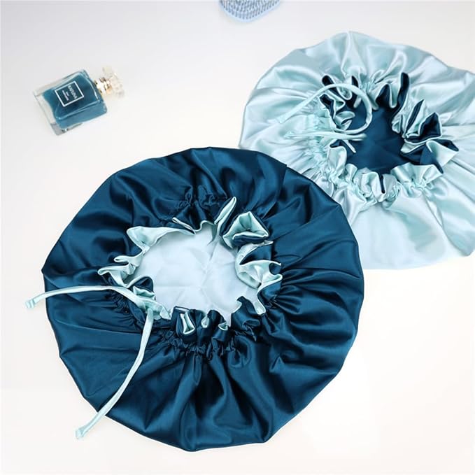 Adjustable Silk Satin Bonnet Hair Care Caps for Women Girls Loose-fitting Reversible Sleeping Cap Shower Caps Hair Wrap Bonnets (005 Peafowl/Aqua)