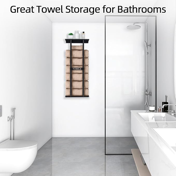 STWWO Towel Racks for Bathroom, Bathroom Towel Storage Wall Mounted 30 inch with Shelf Can Holds 6 Large Towels, Wall Towel Rack for Rolled Towels, Black (Pack of 2)