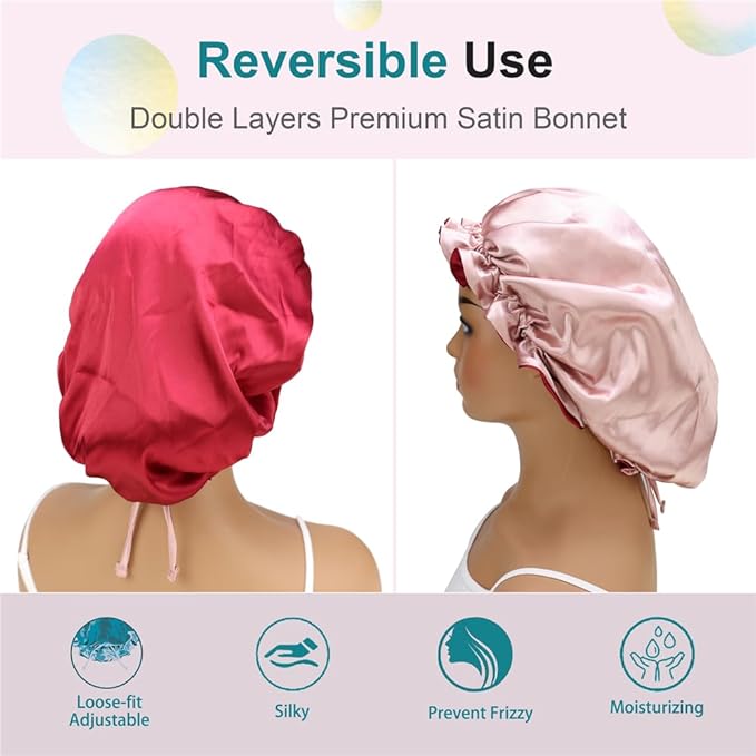 Adjustable Silk Satin Bonnet Hair Care Caps for Women Girls Loose-fitting Reversible Sleeping Cap Shower Caps Hair Wrap Bonnets (001 Wine/Blush)