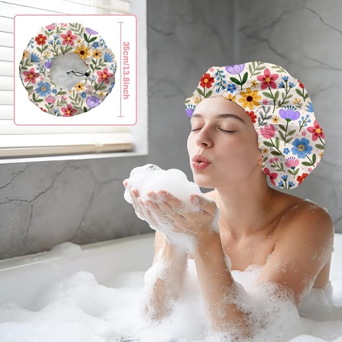 Bohemian Floral Patterns Reusable Shower Cap Cute Double Layer Waterproof Shower Caps Large Elastic Hair Cover Adjustable Hair - Drying Caps for Woman Bath SPA Travel One Size Fits Most
