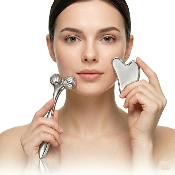 Stainless Steel 3D Face Roller Metal Facial Massager Face Sculpting Gua Sha Facial Tools for Eye Skin Care Reducing Puffiness Double Chin Reducer Facial Roller and Guasha Tool for Face Anti-Wrinkle