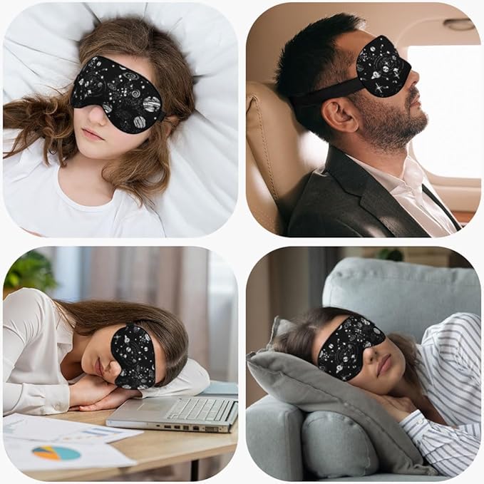 Space Galaxy Sleep Eye Mask Universe Star Moon Planets Constellation Black Silk Eye Mask Sleeping Soft for Men Women Boy Girl Airplane Travel with Elastic Strap