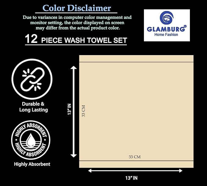 GLAMBURG Ultra Soft 12-Piece Washcloths Set 13x13-100% Ringspun Cotton - Durable & Highly Absorbent Face Towels - Ideal for use in Bathroom, Kitchen, Gym, Spa & General Cleaning - Sky Blue