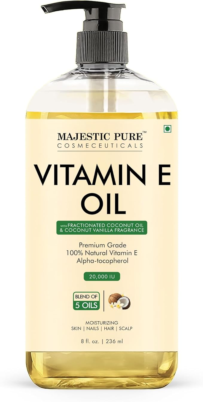 Majestic Pure Oil - 100% Pure and Natural- Cold Pressed & Hexane Free Natural Hair Growth Oil for Eyelashes, Eyebrows, Skin, Body, Face, Nails & Scalp - Coconut & Vanilla Formula Vitamin E Oil 8 Fl Oz