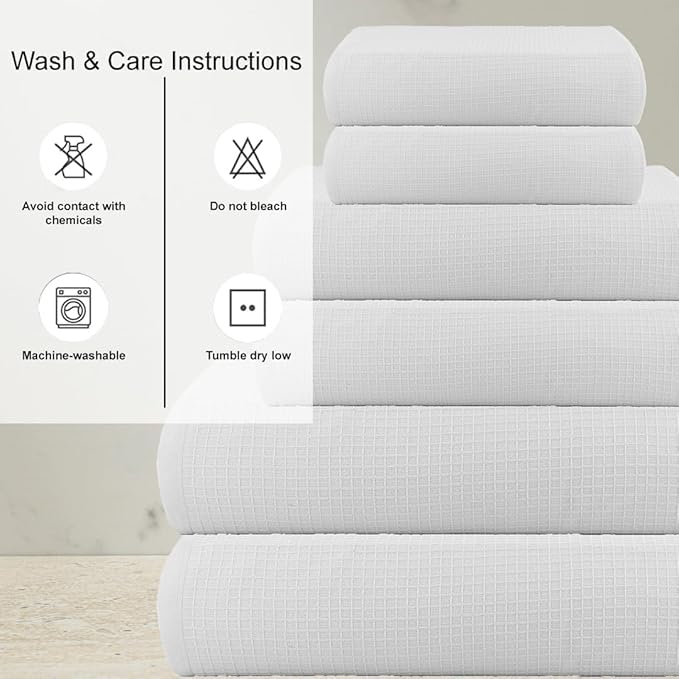 CASA COPENHAGEN Waffle 6Pcs 100% Egyptian Cotton Large Designer Towels Gift Set- White, 2Bath 2Hand 2Washcloths, Bath Towels for Bathroom (Box Pack, Set for Women & Men)