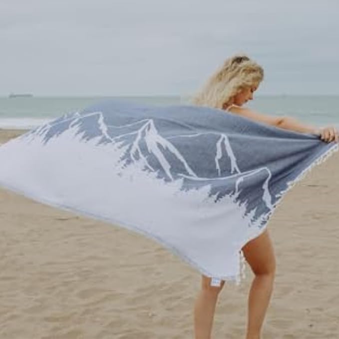 InfuseZen Turkish Towel with Mountain Landscape – 100% Organic Turkish Cotton - Sand Free Quick Dry Beach Peshtemal – Thin Reversible Absorbent Pool Hammam – Plus Size Gym, Travel Fouta (Navy)