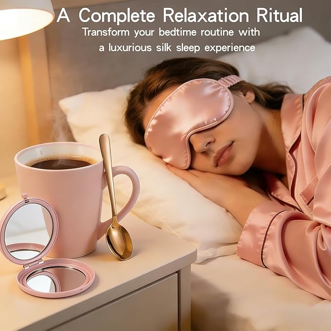 Gift Set for Mom – 100% 6A Mulberry Silk 19 Momme Eye Mask with Mug, Spoon & Mirror, Self Care Relaxation Gifts for Mom, Wife, Girlfriend