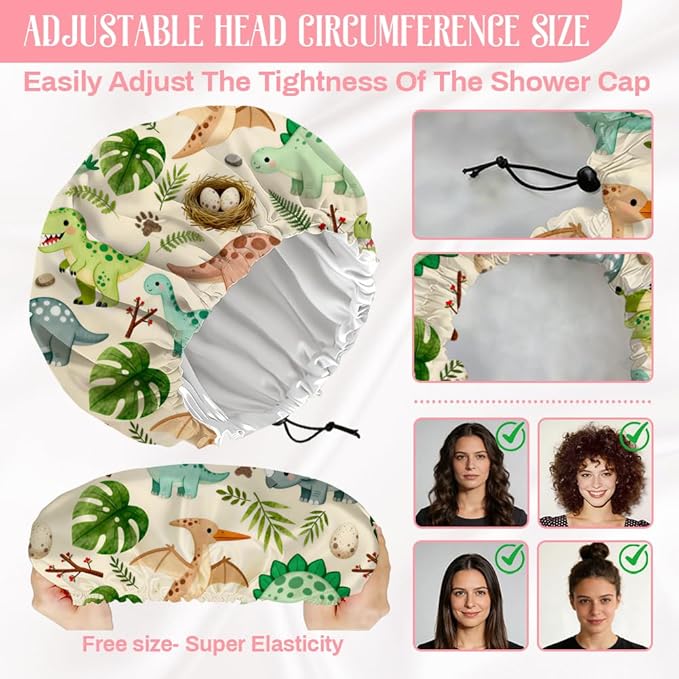 Dinosaurs Leaves Reusable Shower Cap Cute Double Layer Waterproof Shower Caps Large Elastic Hair Cover Adjustable Hair - Drying Caps for Woman Bath SPA Travel One Size Fits Most