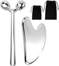 kullder Gua Sha Facial Tools & Face Roller Set 2pcs: Stainless Steel Lymphatic Drainage Massager & Ice Roller for Eye, Body, Neck, Jawline Sculptor, Skin Care Routine, Self Care Gifts for Women