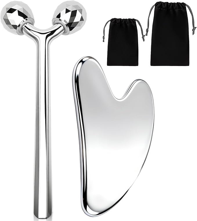 kullder Gua Sha Facial Tools & Face Roller Set 2pcs: Stainless Steel Lymphatic Drainage Massager & Ice Roller for Eye, Body, Neck, Jawline Sculptor, Skin Care Routine, Self Care Gifts for Women