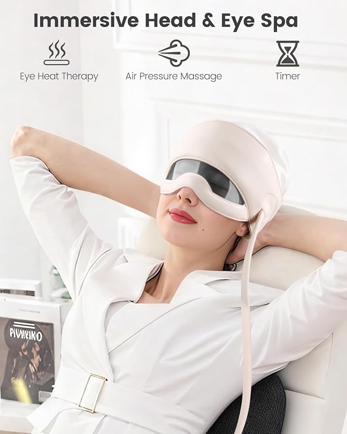 Electric Head Massager for Headaches, Eye Massager with 6-Level Heat, 6-Zone Kneading Temple Massager & Migraine Massager, Rechargeable Head and Eye Massage for Stress Relax, White