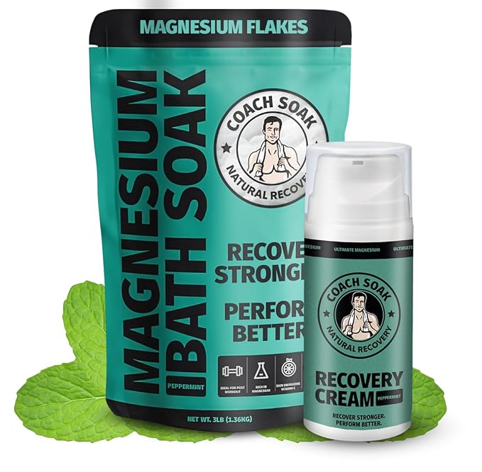 Coach Soak Recovery Bath Soak & Magnesium Cream - Bath Salt Eucalyptus (3 lb) & Magnesium Lotion Peppermint (3.4 oz) - Natural Recovery Cream & Fast-Absorbing Pure Flakes for Relaxing Muscle Support