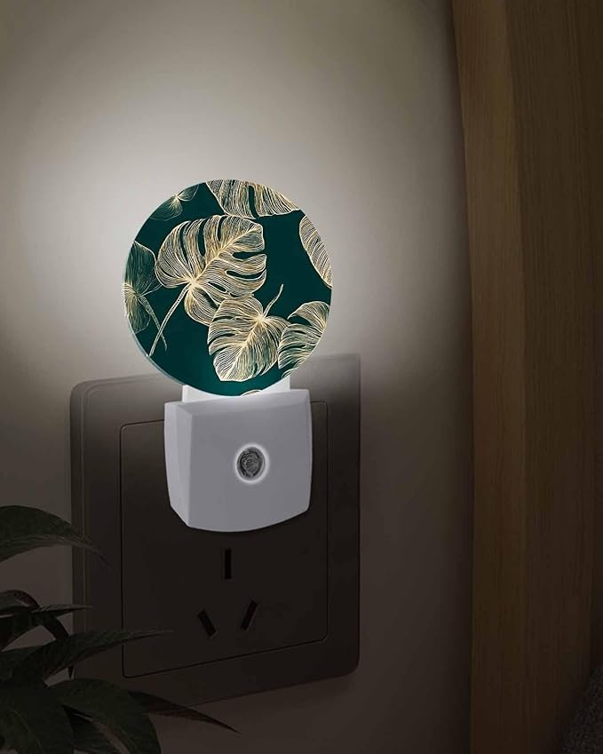 Night Lights Auto Sensor Golden Palm Leaves Night Light Summer Tropical Branches Round Lamp Plug-in LED Nightlights Dusk to Dawn for Living Room Bedroom Bathroom Hallway Wall Decor