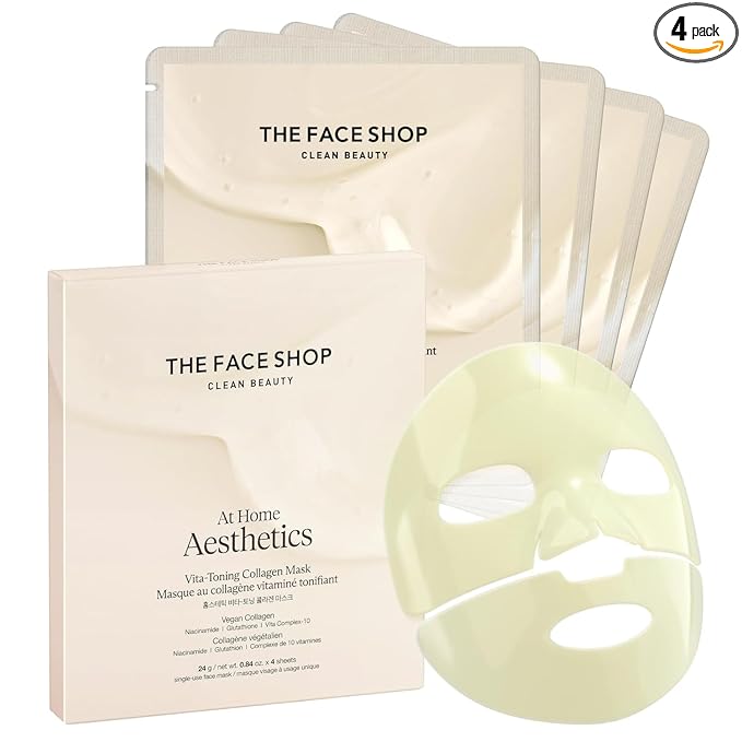 THE FACE SHOP Vita-Toning Vegan Collagen Face Mask, Korean Glass Skin Essential, Hydrogel Mask for Moisturizing & Skin Elasticity, Improves Uneven Tone, 4EA