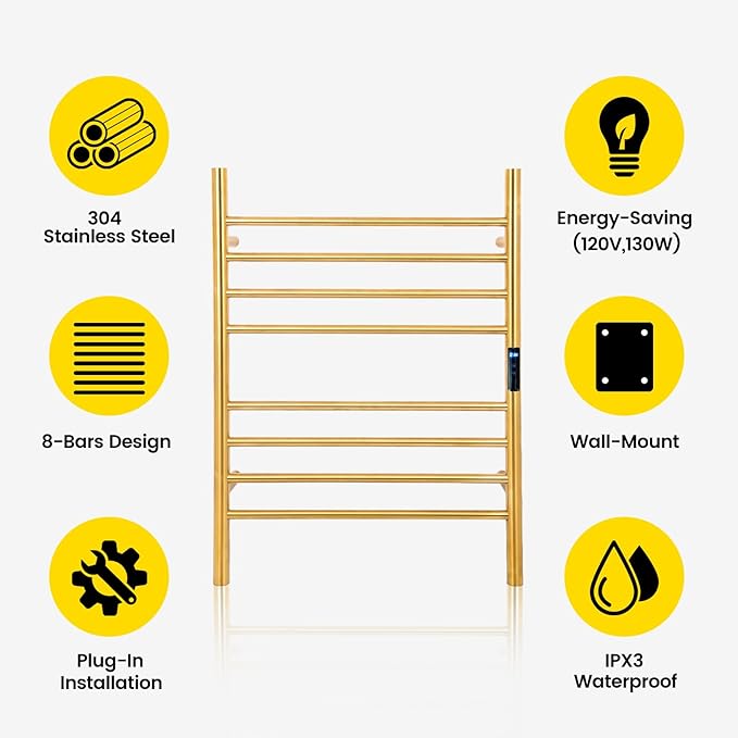 8-Bars Gold Heated Towel Rack–23" Wall Mounted Towel Warmer with Timer & Temperature Control, Stainless Steel
