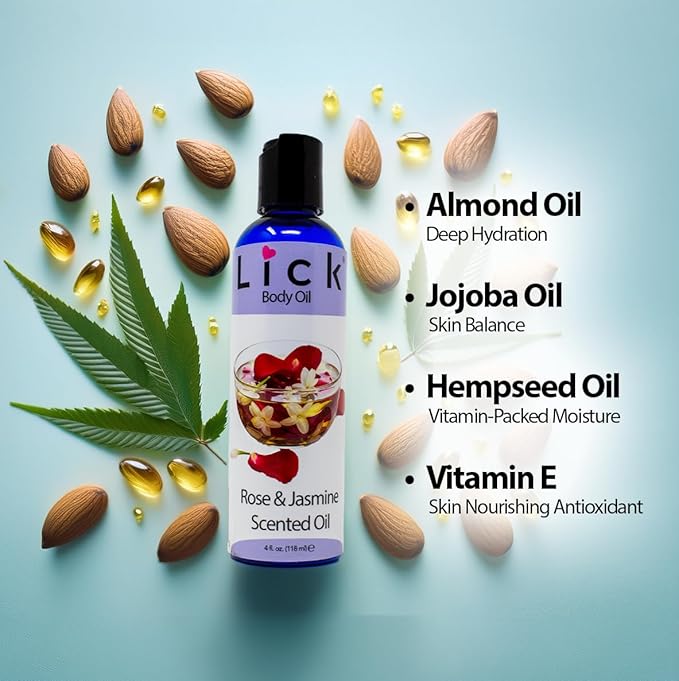 LICK Rose & Jasmine Floral Scented Body Oil – Lightweight Daily Hydration with Almond Oil & Vitamin E – 4 oz