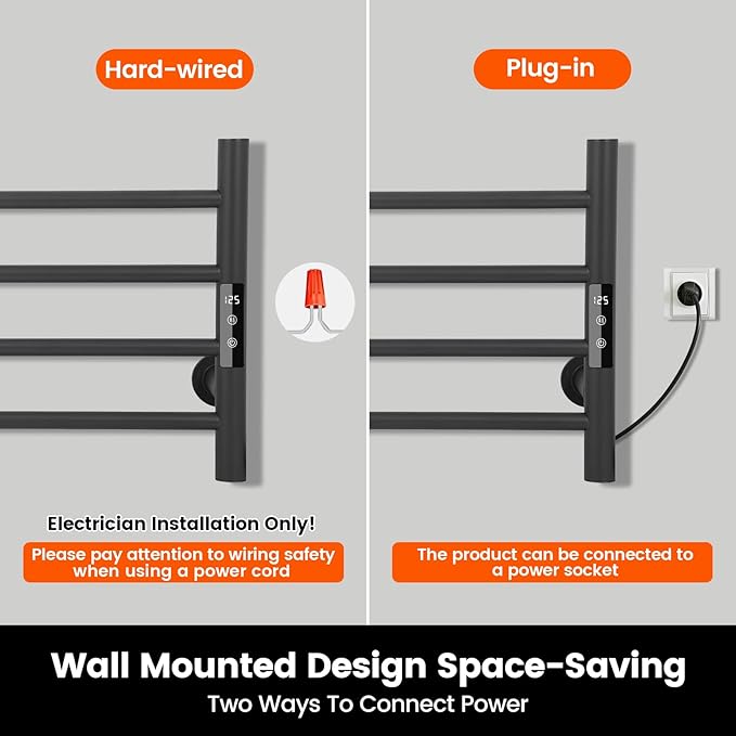 4 Bars Towel Warmer Rack, Electric Wall Mounted Heated Towel Rack with Timer and Temperature Control, Towel Heater Hard Wired/Plug-in Hot Towel Rails for Bathroom, Space Grade Aluminum, Grey