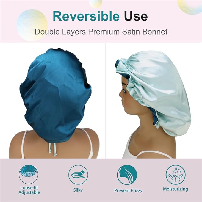 Adjustable Silk Satin Bonnet Hair Care Caps for Women Girls Loose-fitting Reversible Sleeping Cap Shower Caps Hair Wrap Bonnets (005 Peafowl/Aqua)