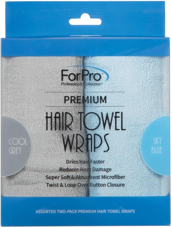 ForPro Professional Collection Premium Microfiber Hair Towel Wrap, 2-Pack Quick Drying Hair Turban for Women, 10" x 26", Cool Grey + Sky Blue