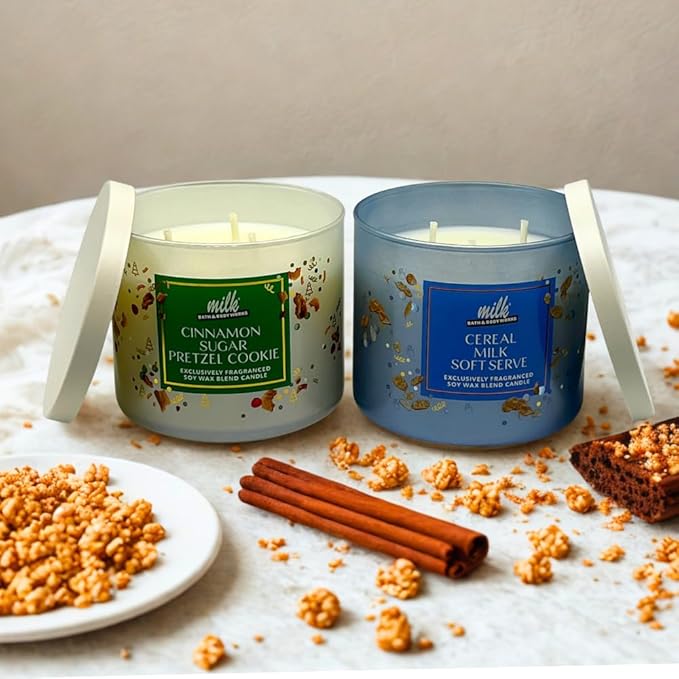 Bath & Body Works Milk BAR Collection Holiday Dessert Scents 3-Wick Scented Candle 2pc Gift Set w/ 40-inch Gold Metallic Ribbon Bow -14.5 oz (Cinnamon Sugar Pretzel Cookie & Cereal Milk Soft Serve)