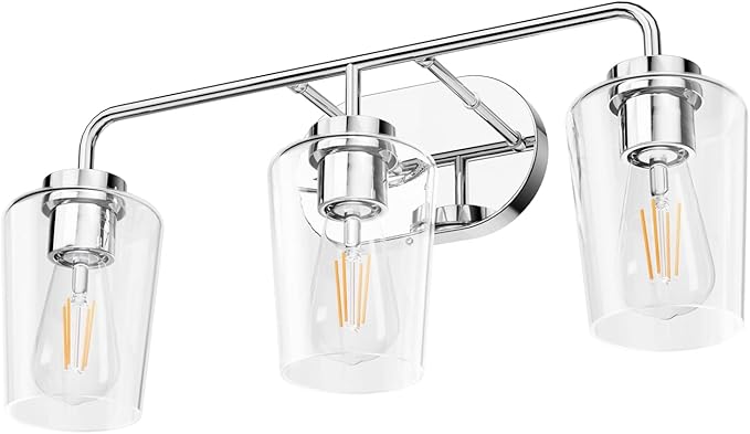 Tipace Modern Bathroom Vanity Lighting Fixtures 3-Lights Industrial Stainless Steel Chrome Finish with Clear Glass Vanity Lights Farmhouse Bath Lighting(Exclude Bulb)