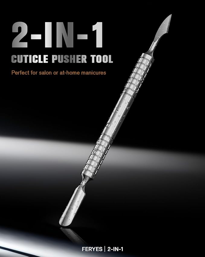 2025 Upgraded Dual Head Cuticle Pusher Remover Tool - Curved & Chisel Edge Stainless Steel, Ergonomic Non-Slip Handle for Professional Salon & Home Manicure Nail