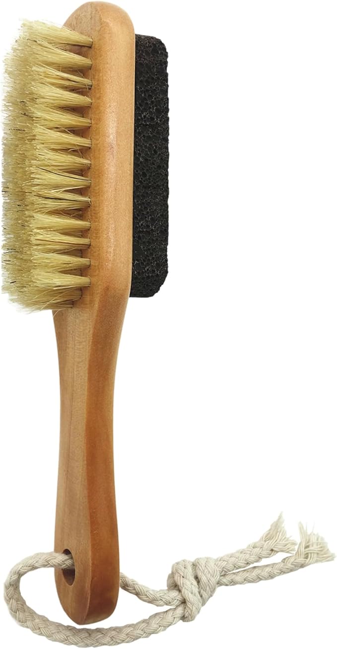 Natural Lava Pumice Stone for Feet with Foot Brush, Callus Remover Foot Scrubber Exfoliator Pedicure Tools for Hard Dead Skin, Softer & Smoother Feet, Double Sided Boar Bristles Wooden Handle