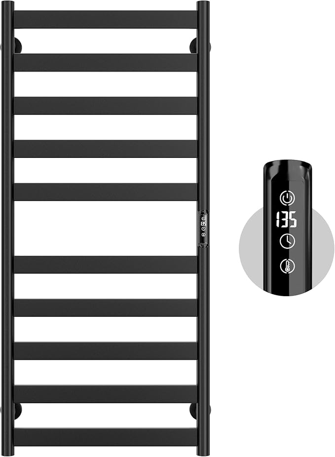 Electric Towel Warmer Rack, 10-Bar Stainless Steel Heated Tower Rack with Built-in Timer, Wall Mounted, Plug-in/Hardwired, Black