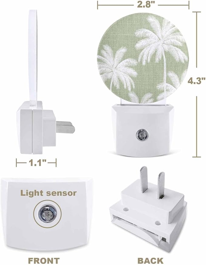 Night Lights Auto Sensor Tropical Palm Trees Night Light Sage Green Linen Coastal Round Lamp Plug-in LED Nightlights Dusk to Dawn for Living Room Bedroom Bathroom Hallway Wall Decor