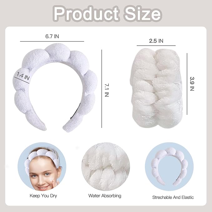 Beleki Spa Headband for Washing Face Wristband Set Sponge Headband Makeup Skincare Face Washing Headband Terry Cloth Bubble Puffy Hairband Non Slip Headwear Hair Accessory for Women - White