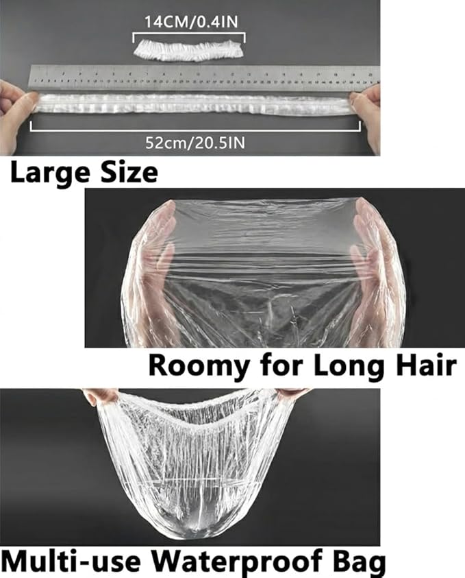 Aquior Shower Cap Disposable, 50 PCS Bath Caps Larger Thick Clear Waterproof Plastic Elastic Hair Bath Caps for Women, Hotel Travel Essentials Accessories Deep Conditioning Hair Care Cleaning Supplies