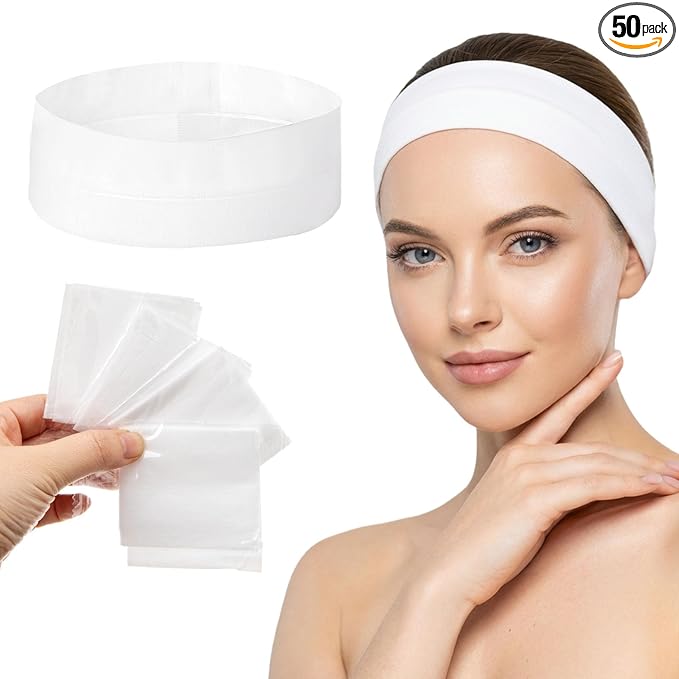 UNOISETION Disposable Spa Headbands 50 Pcs, Non-Woven Fabric Stretch Headband Wrap for Women, Esthetician Supplies Facial Headband for Skincare Makeup Sport Yoga Shower