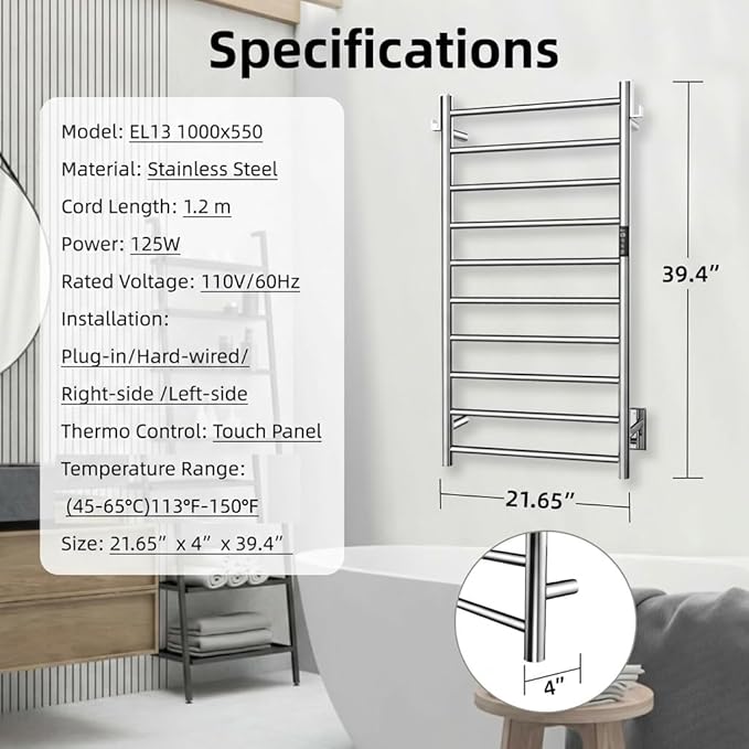 P&Dlusir Towel Warmer, Heated Towel Rack with Smart Timer and Thermo Control, Wall-Mounted Heated Towel Rail, Stainless Steel, Hard-Wired/Plug-in, Polished, 10 bar