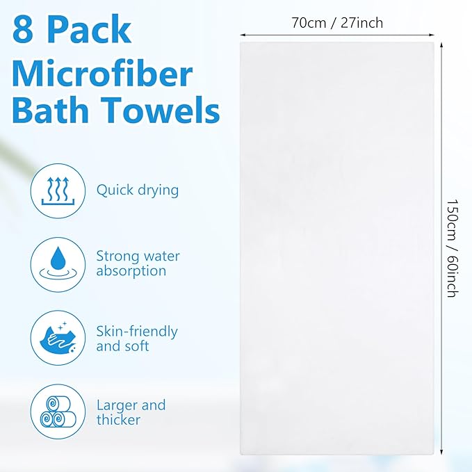 SmoothNovelty 8 Pack Microfiber Bath Towels Bulk 27'' x 60'' Oversized Beach Towel Highly Absorbent Extra Large Soft Drying for Shower Pool Salon Sauna Bathroom Gym Party (Simple,White)
