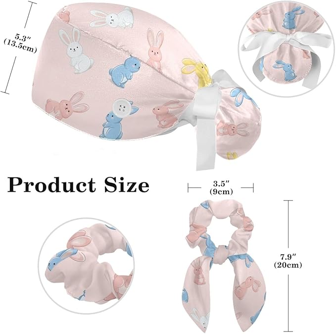 Scrub Caps Women Ponytail Cute Pink and White Leaves Caps Bouffant Working Hat Elastic Tie Back Hats with Button