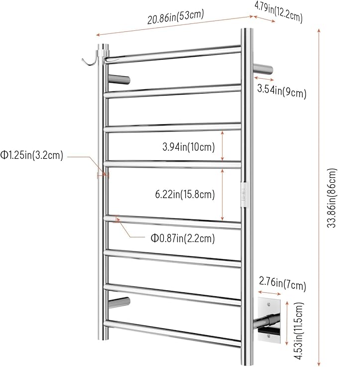 Wall Mounted Towel Warmer 8 Bars with Plug-in and Hardwired Options 3 Working Modes Mirror Polished Stainless Steel 21”W 34”H