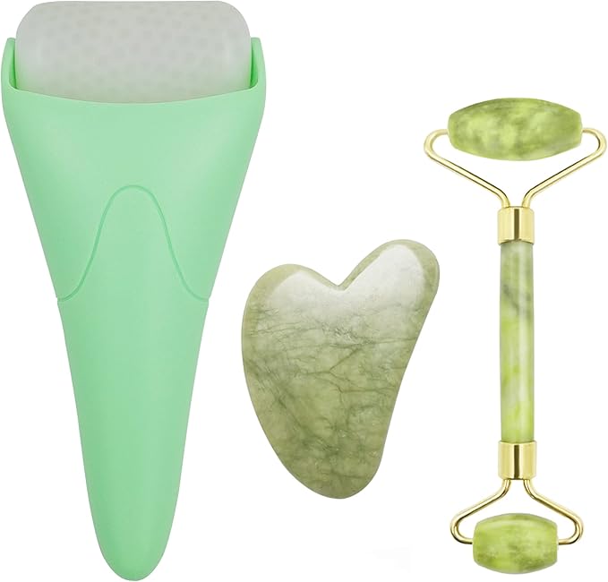 Chikoni 3 in 1 Ficial Face Ice Jade Roller and Gua Sha Tool, Natural Real Jade Anti-Wrinkle Face Eye Neck Massager Tool, Reduce Wrinkles, Puffiness, Migraine, Redness, Pain and Injury, Green