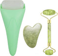 Chikoni 3 in 1 Ficial Face Ice Jade Roller and Gua Sha Tool, Natural Real Jade Anti-Wrinkle Face Eye Neck Massager Tool, Reduce Wrinkles, Puffiness, Migraine, Redness, Pain and Injury, Green