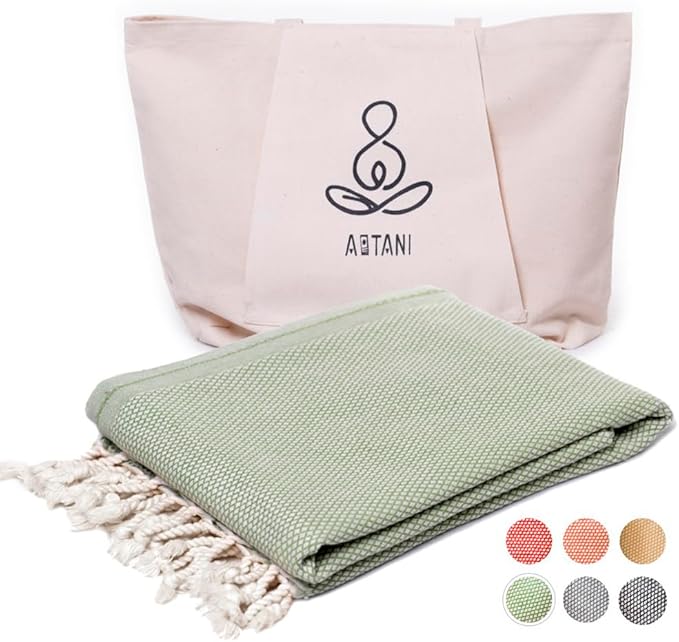 ATANI 69x35 in Oversized Turkish Beach Towel Set with Tote Bag – Quick-Dry 100% Turkish Cotton Peshtemal, Sand-Resistant, Lightweight for Shower, Travel, Pool, Yoga (Green)