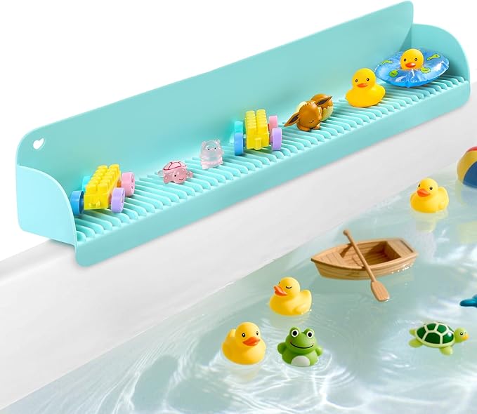AGPTEK 24 Inch Bathtub Splash Guard with 10 Suction Cups, Silicone Tub Water Splash Guard for Bathtub, Bath Toy Tray Holder Play Shelf for Kids, Universal for Bathroom, Kitchen Sink (Green)