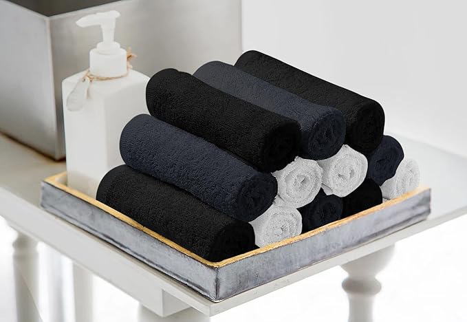 Avalon Towels Salon Towel - Black, Grey and White Hand Towels Bulk Pack of 24 - 100% Cotton Absorbent Spa, Facial & Gym Towel for Working Out - 16x27 Inches (Not Bleach Proof)