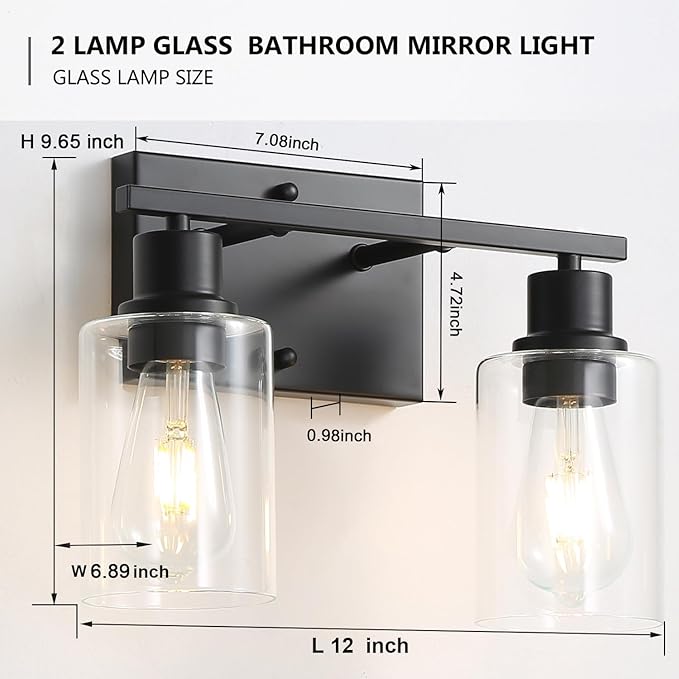 Bathroom Vanity Light Fixtures, 2-Light Matte Black Bathroom Lights, Wall Sconces with Clear Glass Shade for Hallway Farmhouse Bedroom Living Room