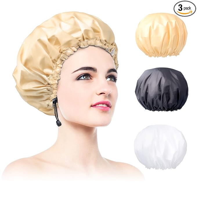 3 Pack Extra Large Double Layer Adjustable Shower Caps for Women, Waterproof Exterior & EVA Lining, Oversized Design for All Hair Lengths