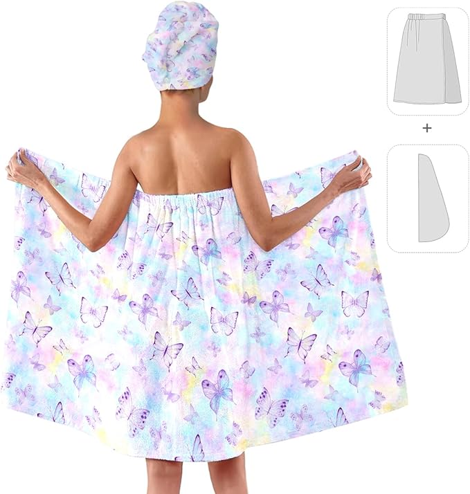 Women's Butterfly Print Towel Wrap and Hair Drying Cap Set – Pastel Microfiber Shower Wrap – Quick Dry Spa, Dorm, Travel Gift for Her