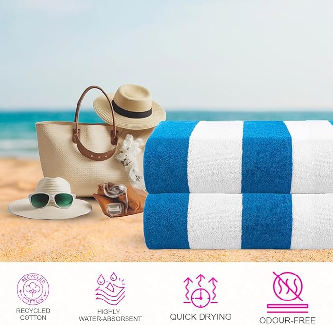 CASA COPENHAGEN Cabana Pool Towel 2Pcs 100% Egyptian Cotton Gift Set- Turquoise, 600GSM,35"x70",(Boxpack,Gift Ribbon, Set for Women & Men)