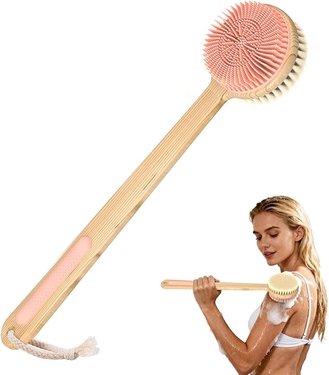 Back Scrubber for Shower - Double-Sided Silicone and Super-Dense Bristles for Deep Cleaning & Exfoliation, Bamboo Long Handle with Wider Anti-Slip Grip, Body Exfoliator for Wet or Dry Brushing