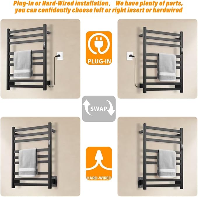 9-Bar Towel Warmer, Wall-Mounted Electric Heated Rack for Bathroom, 24-Hour Timer Smart Switch, 304 Stainless Steel Heated Towel Holder, Hard Wired an Plug in Electric Heated Dryer