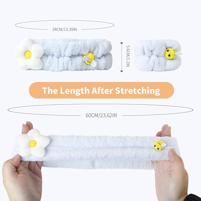 PERFECTSIGHT Kawaii Headband for Spa, Makeup, Washing Face, Party - 2 Pack Cute Hair Band for Shower Beauty Skincare, Soft Facial Headbands for Girls and Women (Blue Flower Bee)