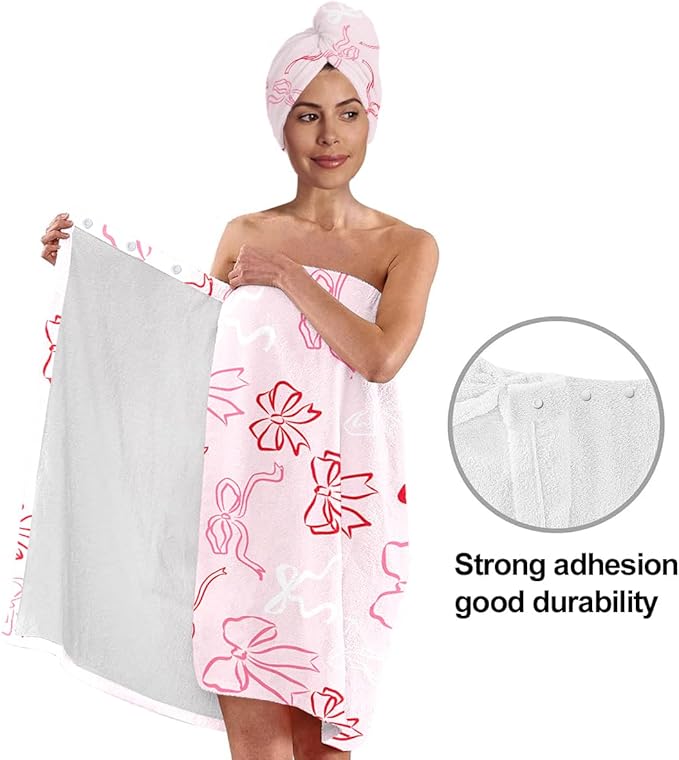 Pink Bow Bath Wrap with Hair Drying Cap – Microfiber Quick Dry Shower Skirt and Absorbent Turban Towel Set for Women Spa Gym Travel Dorm (Bow 8)